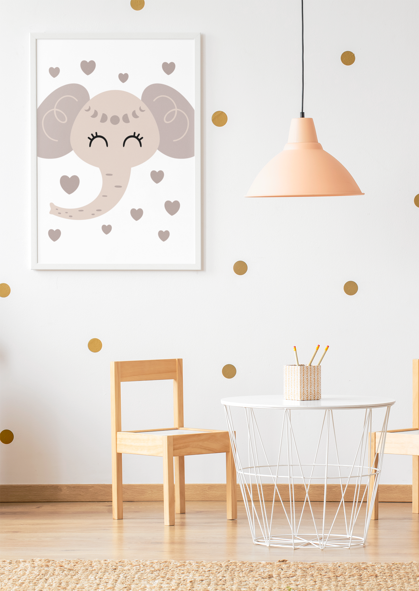 Boho Kinderzimmer Poster – Elefant mit Herzen (Neutral)