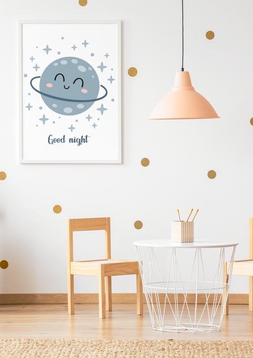 Boho Kinderzimmer Poster – Planet „Good night“ (Blau)