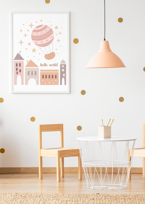 Boho Kinderzimmer Poster – „Hello world“ Ballonplanet & Stadt