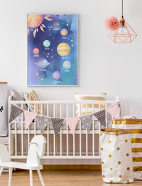 Kinderzimmer-Poster Sonnensystem mit Planeten-Namen – Aquarell – Mommy’s Hero
